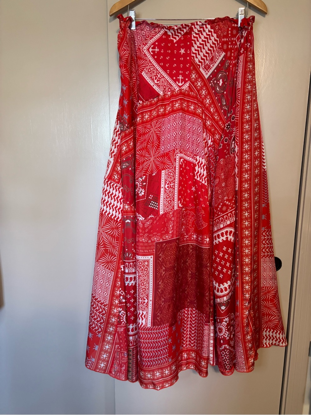 Johnny Was Red Patchwork Bandana-Print Silk Skirt Sz XL